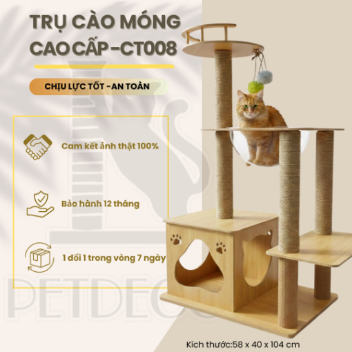 Ảnh của Trụ cào móng cho mèo PETDECOR CT008 – Cat tree gỗ lắp ráp có cầu nôi – Cao 104cm